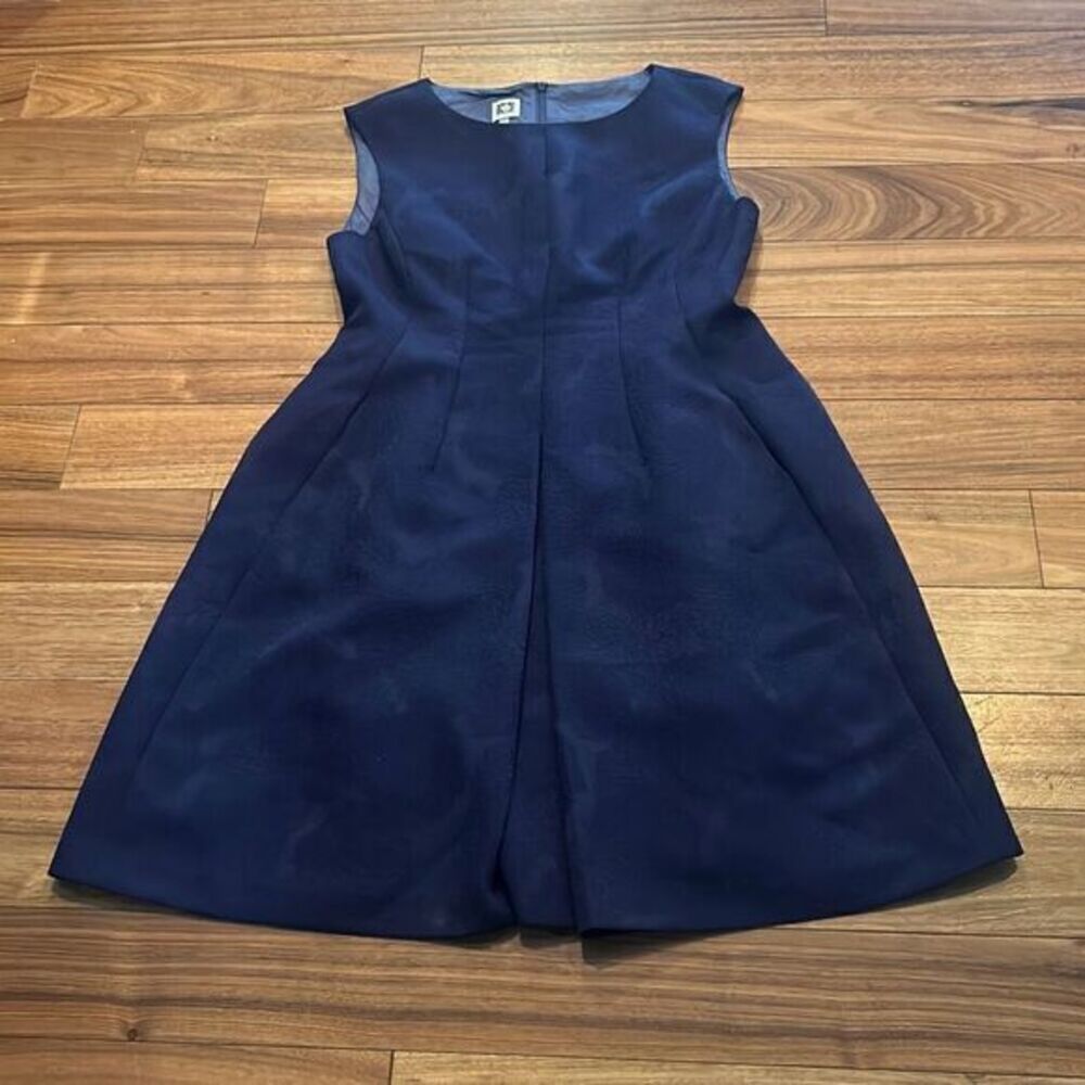 Anne Klein Womens Navy Blue Floral Lined Jacquard Flowy A-Line Dress Size 12